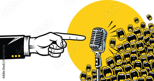 Illustration of a vintage hand holding a spoon and a retro microphone to represent a broadcast record of studio audio and sound entertainment