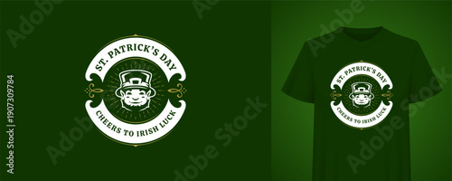Vintage St. Patricks Day greeting badge vector illustration. Retro holiday logo template with lucky leprechaun for t-shirt print. Irish festival celebration symbol with typography