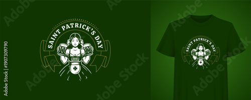 Vintage St. Patrick's Day greeting with a woman holding beer mugs. Retro vector illustration template perfect for t-shirt print or poster design for the Irish festival celebration