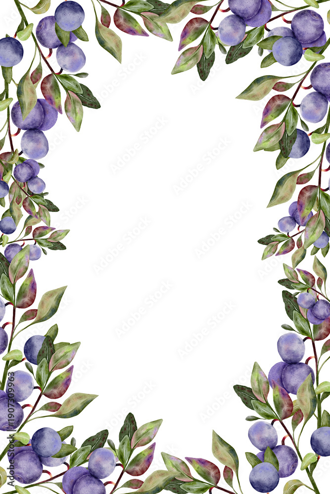 Fototapeta premium Blueberry border with green leaves on branch.Watercolor hand drawn . Ripe forest berry. Isolated frame botanical illustration for restaurant, cafe , card, book, wedding, farmers market