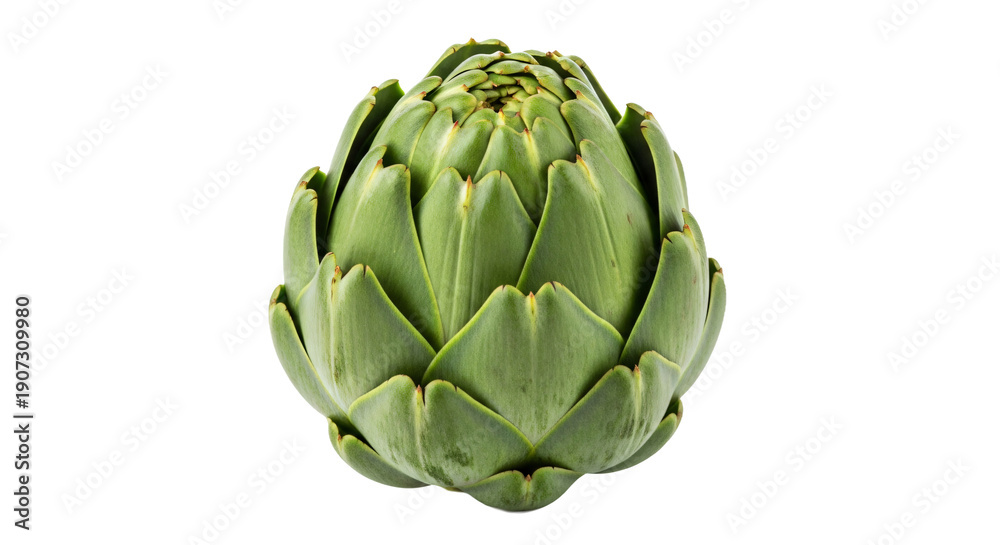Obraz premium Single whole green artichoke with tightly packed leaves, presented on a clean, transparent background.