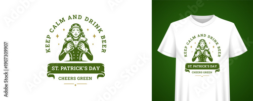 St. Patricks Day design with a female leprechaun character. Keep Calm quote. Festive Irish holiday greeting. Vintage monochrome badge vector illustration template for celebration