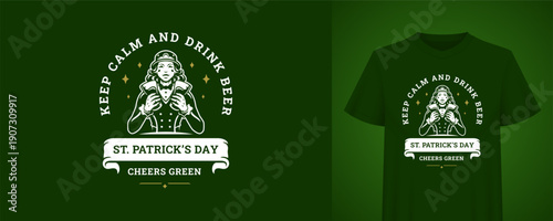 St. Patricks Day design with a female leprechaun character. Keep Calm quote. Festive Irish holiday greeting. Vintage monochrome badge vector illustration template for celebration