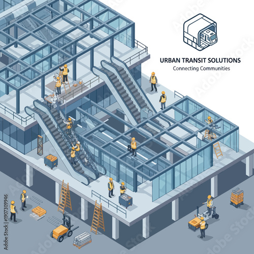 Modern Office Building with Workers and Infrastructure.