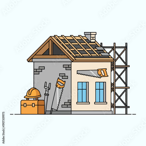 House Under Construction with Scaffolding and Tools.