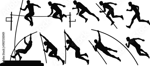 Silhouette Vector Set of Pole Vault Athletes Featuring Various Action Poses Including Running Planting Jumping and Clearing the Bar