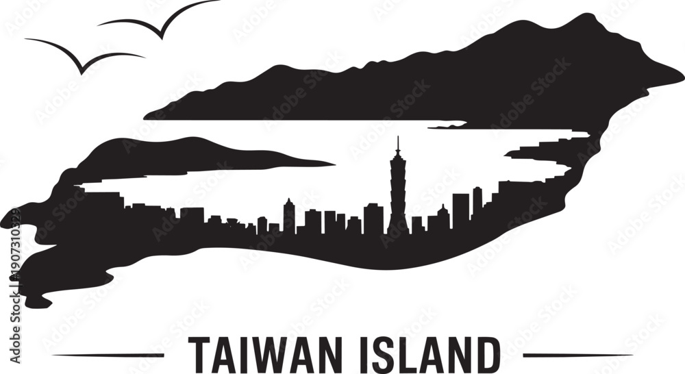 Naklejka premium Taiwan island silhouette featuring cityscape taipei 101 and mountains