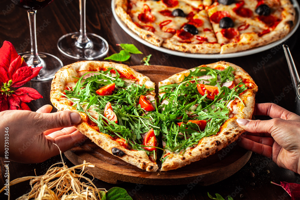 Fototapeta premium Valentine Heart Shaped Pizza For Romantic Dinner