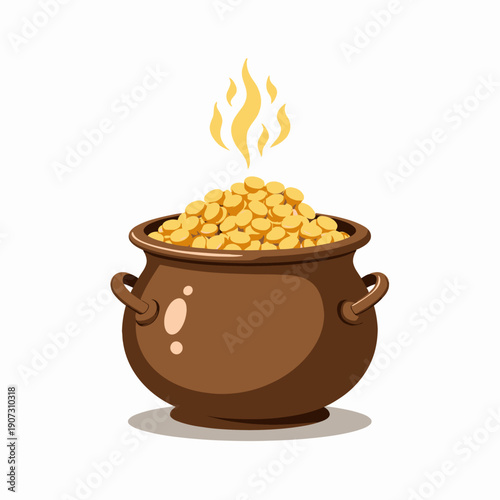 Vibrant Golden Coin-Filled Pot with Gleaming Flames Symbolizing Wealth, Prosperity, and Abundance in a Simplistic Artistic Illustration