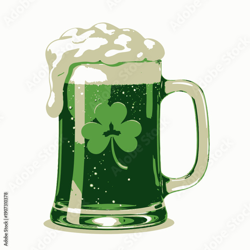 Overflowing glass mug filled with vibrant green beer topped with frothy foam featuring a prominent shamrock symbol representing festive celebrations