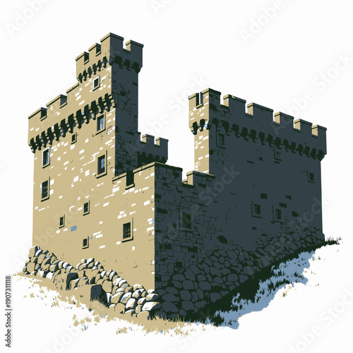 Majestic Medieval Stone Castle with Dual Towers Showcasing Fortification Architecture Set Against a Clear Sky with Green Grass Surrounding the Base