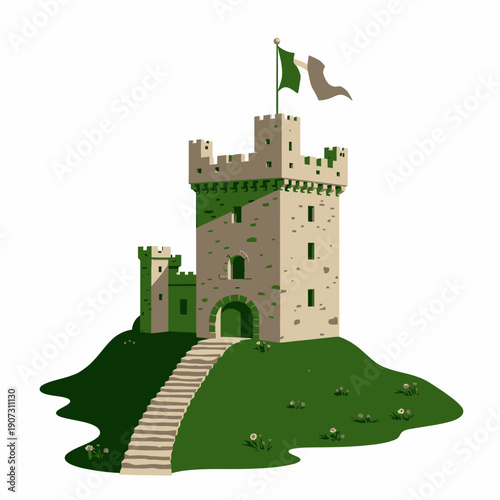 Medieval Stone Castle Tower Standing Proudly on a Lush Green Hill with Waving National Flag Symbolizing History and Heritage