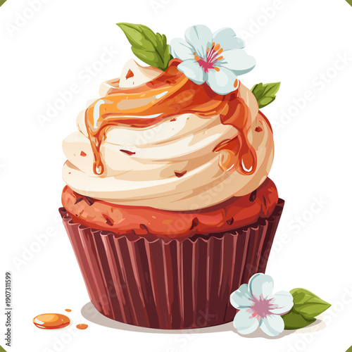 Vector illustration of honey cupcake with cream frosting, caramel drizzle and flower decoration, sweet bakery dessert isolated on a white background