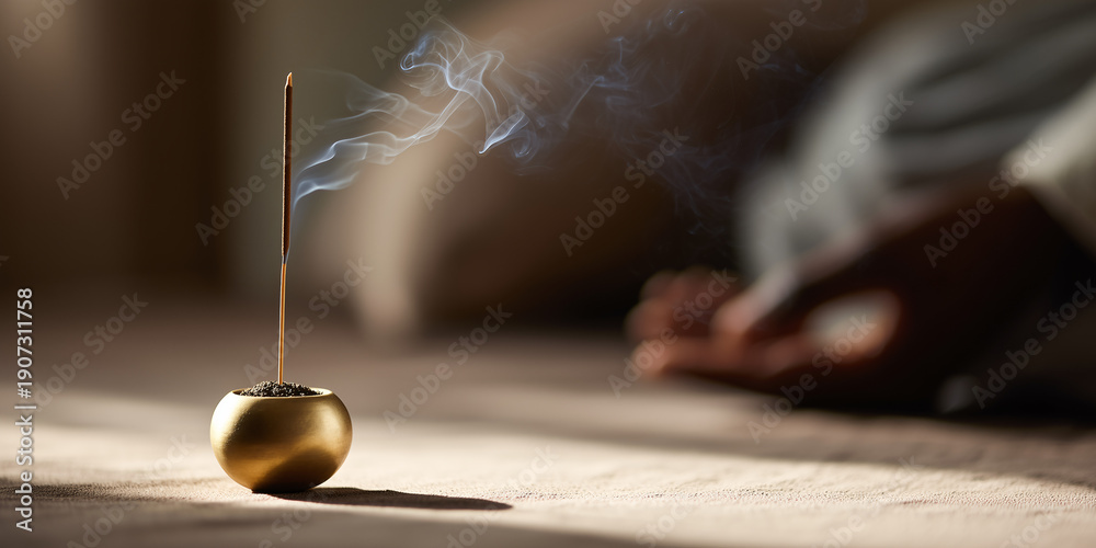 Fototapeta premium A smoking incense stick in a gold holder creating a serene atmosphere. The incense smoke gently rising into the air in a spiritual ambiance. A perfect scene for meditation or relaxation.