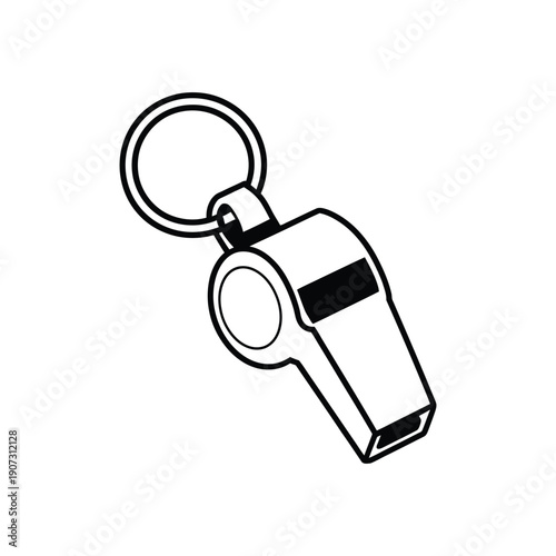 A black and white illustration of a whistle attached to a keyring
