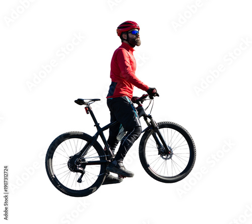 Cyclist riding bicycle on road against clear sky. A man in an outfit stands with a bicycle on an autumn sunny day.