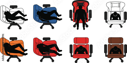Set of Eight Chair Illustrations with Human Silhouettes in Seated and Reclined Positions, Showing Ergonomic and Interior Furniture Design