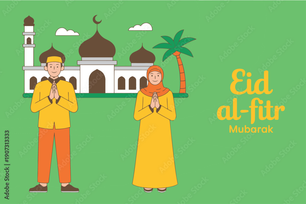 Fototapeta premium Eid al-Fitr Mubarak greeting card, Muslim couple celebrating Islamic holiday with mosque background, religious festival vector illustration