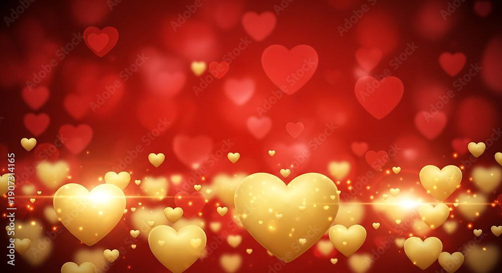 Fototapeta premium Sparkling Red and Gold Heart Bokeh Background