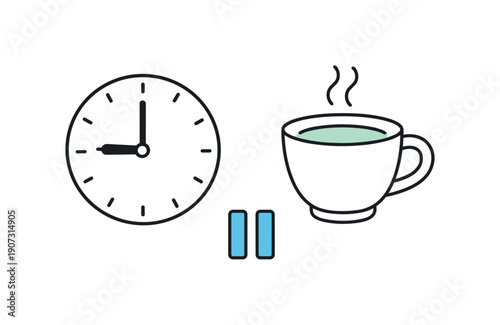 Healthy daily rhythm and balanced productivity in everyday work life focused on sustainable pace, a clock paired with a coffee cup and a small pause symbol