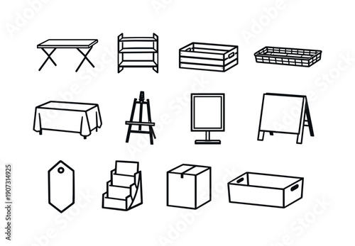 Craft market display items in linear style: folding table, display shelf, wooden crate, basket tray, tablecloth, easel stand, poster frame, signage board, price