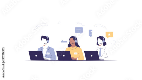 Diverse People Working on Laptops in Office Setting with Chat Bubbles