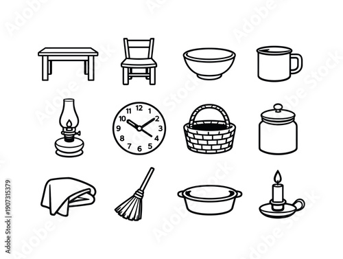 Rustic Household Icons. Rural household daily items in linear style: wooden table, wooden chair, ceramic bowl, enamel mug, oil lamp, wall clock, woven basket