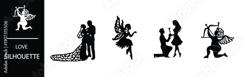Romantic silhouettes of couples in love and Cupid
