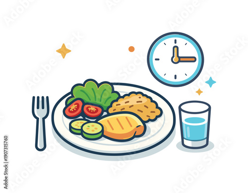 Calm daily habit of preparing a simple and balanced lunch without hurry, a plate paired with a small clock icon representing mindful timing and routine