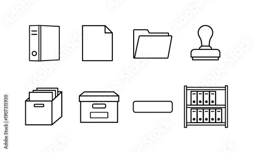 Communications documentation archive linear style: binder, paper sheet, folder, stamp, file box, archive box, label sticker, storage shelf