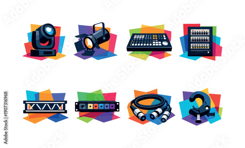 Stage Lighting Icons. Professional stage lighting equipment: moving head light, spotlight, lighting console, dimmer rack, truss beam, power distributor, control