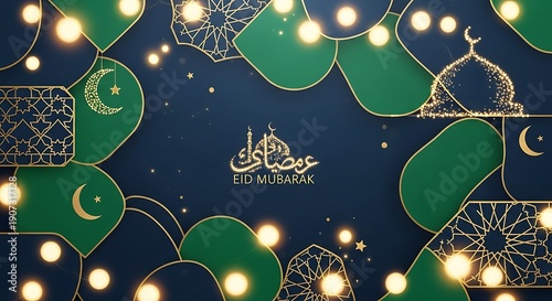 Eid Mubarak Greeting Card with Green and Gold Ornaments on Dark Blue Background