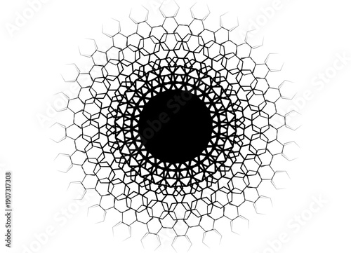Round black vector pattern of abstract honeycombs on a white background. Modern design element. Vector background. Place for text. Frame. Label, sticker. mandala, sun, disk. Abstract flower