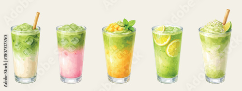 Matcha drinks watercolor set, isolated vector illustration