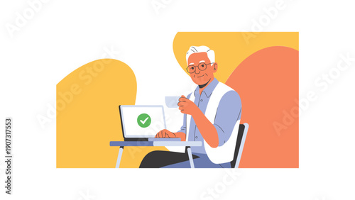 Senior Man Working on Laptop with Coffee