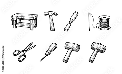 Traditional craft workshop tools doodle hand-drawn vector style: workbench, hammer, chisel, needle, thread spool, scissors, awl, wooden mallet