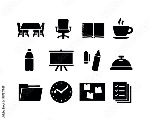 Market opportunity strategy and review meeting items in silhouette style: meeting table, chair, notebook, pen, coffee cup, water bottle, presentation board
