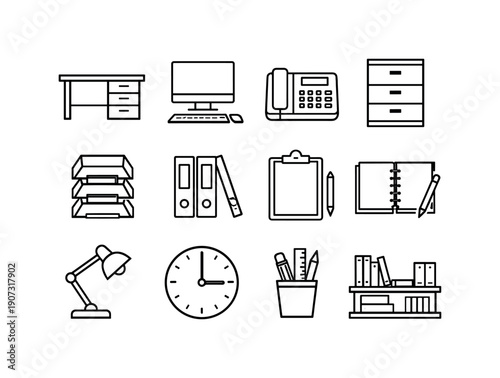 Global business administration workspace in linear style: office desk, desktop computer, desk phone, filing cabinet, document tray, binder, clipboard, notebook