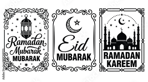 Elegant Ramadan Kareem and Eid Mubarak Greeting Card with Islamic Lantern, Crescent Moon, and Mosque Silhouette Design