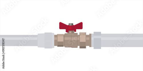 Butterfly ball valve for central heating. Plastic pvc pipe and plumbing gate ball vale on a white background