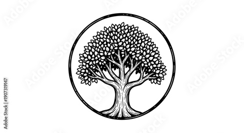 Stylized tree of life in a circular frame, black and white illustration.