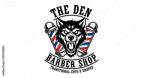 The Den Barbershop Logo with Aggressive Wolf Head and Barber Poles.