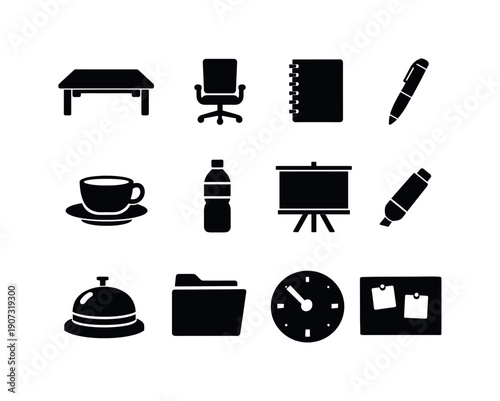 Retail operations strategy review meeting items in silhouette style: meeting table, chair, notebook, pen, coffee cup, water bottle, presentation board, marker