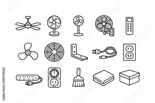 Home indoor air circulation items: ceiling fan, table fan, floor fan, wall fan, remote control, fan blade, fan grill, mounting bracket, power cable, wall outlet