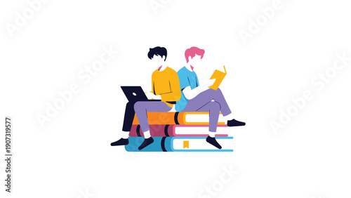 Tableau sur toile Two People Sitting on Stack of Books with Laptop and Tablet