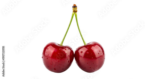 Two ripe red cherries with green stems and water droplets, presented on a clean transparent background.