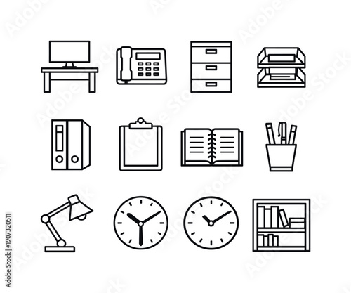 Commercial client strategy administration workspace in linear style: office desk, desktop computer, desk phone, filing cabinet, document tray, binder, clipboard