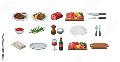 Meat and wine pairing flat style: steak plate, roasted lamb plate, cured meat slice, charcuterie board, carving knife, carving fork, sauce bowl, herb sprig