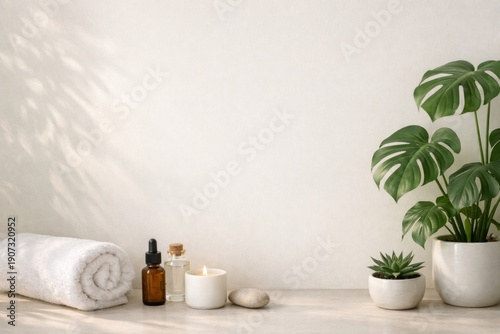 Relaxation space for self-care with towels and plants in a calm setting during the day