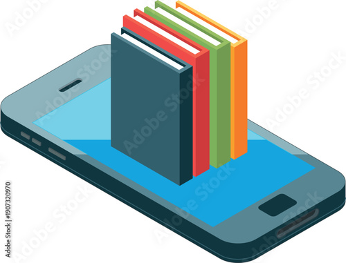 Books in phone screen. Digital library isometric icon